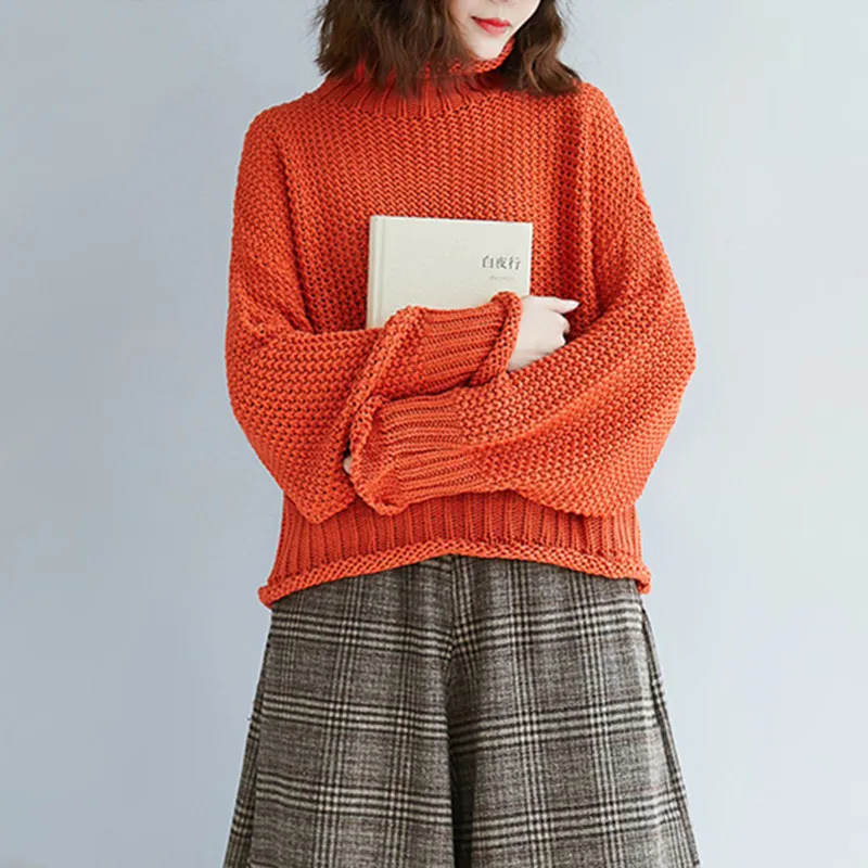 Размера плюс Свитеры с высоким воротом женские осень-зима в винтажном стиле С