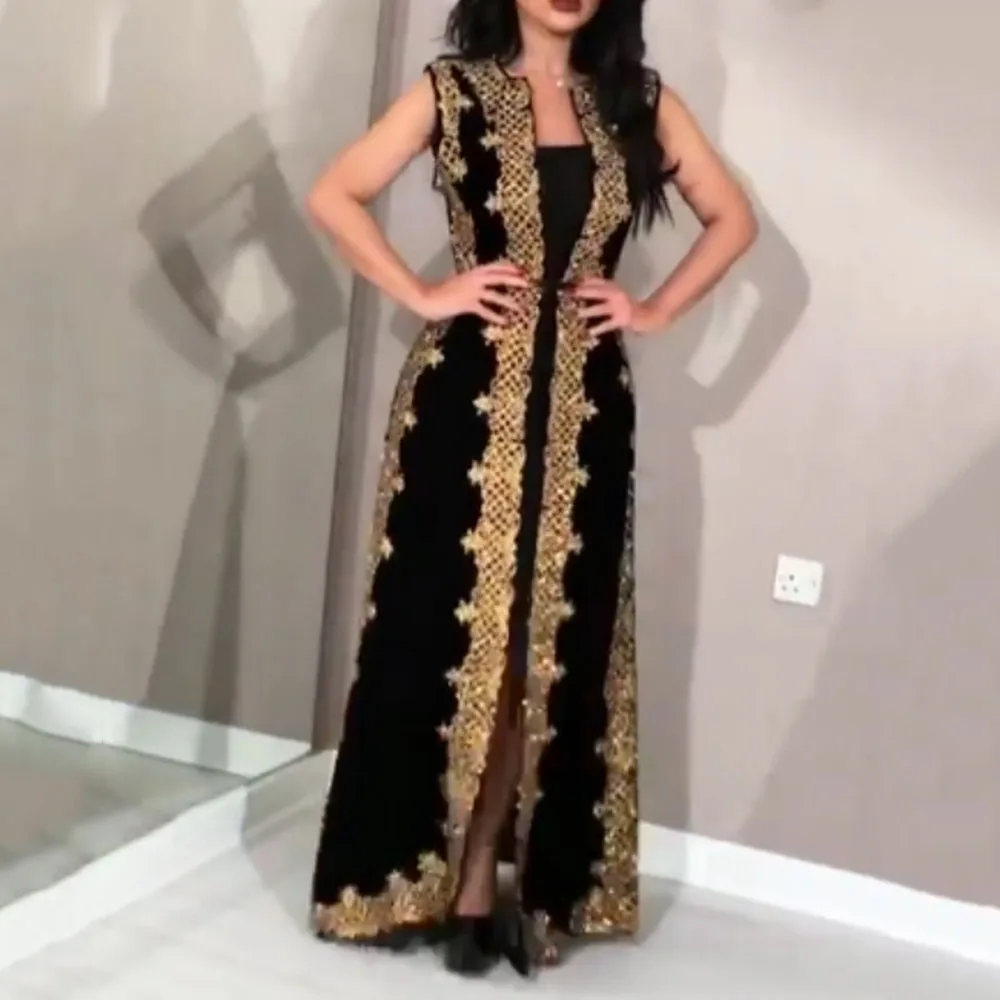 

Spring Muslim Sleeveless Embroidered Dress Two-piece Fashion Trend Cardigan Dress Retro Classic Women's Party Dresses