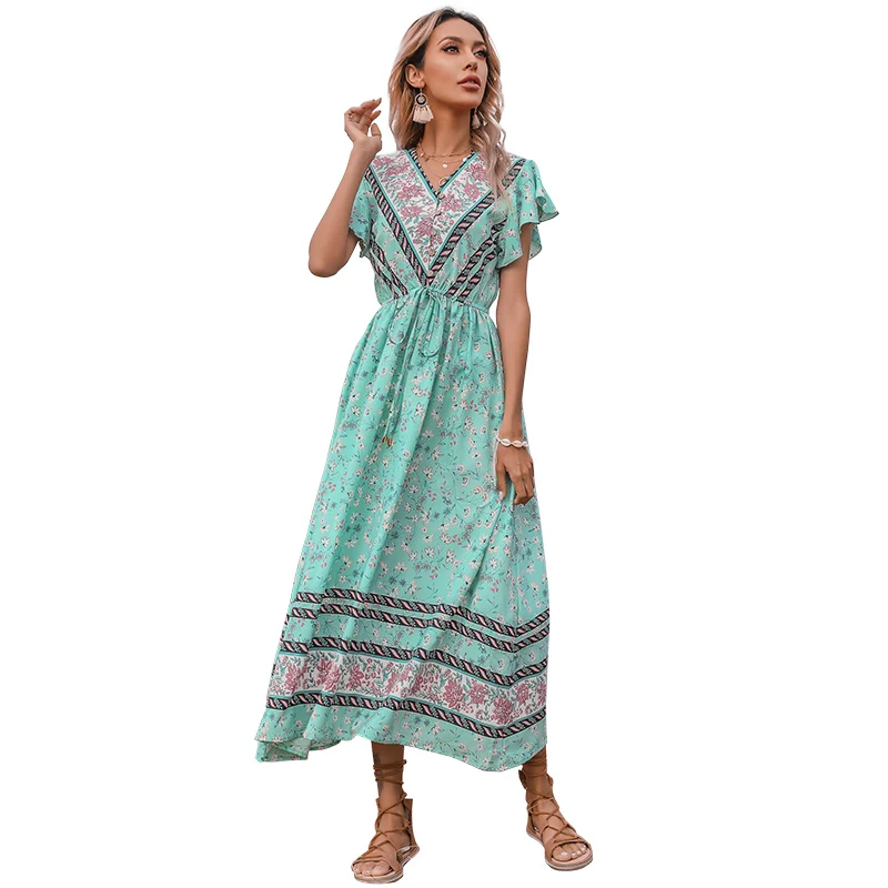 

Real Shot Summer Dress New Style V Neck Floral Trumpet Sleeve Elastic Lace Up Long Dresses Women Clothing