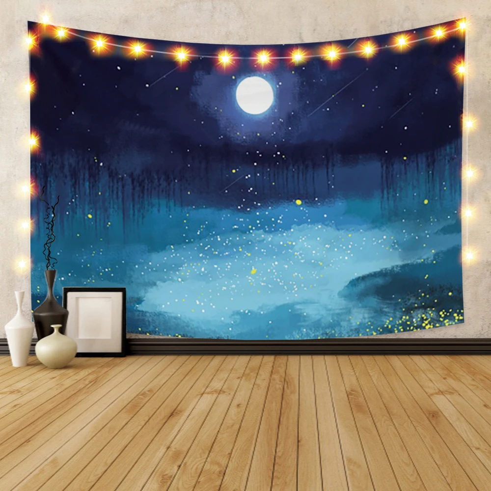 

Laeacco Mandala Tapestry Wall Hanging Moon Ocean Landscape Wall Carpet Camping Tent Travel Mattres Bohemian Sleeping Pad