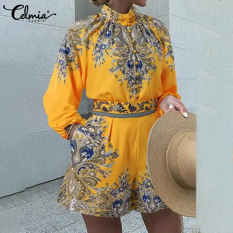 

Повседневные свободные шорты Celmia, комплект из 2 предметов, женские топы с высоким воротником и принтом, модные рубашки с длинными рукавами-ф...