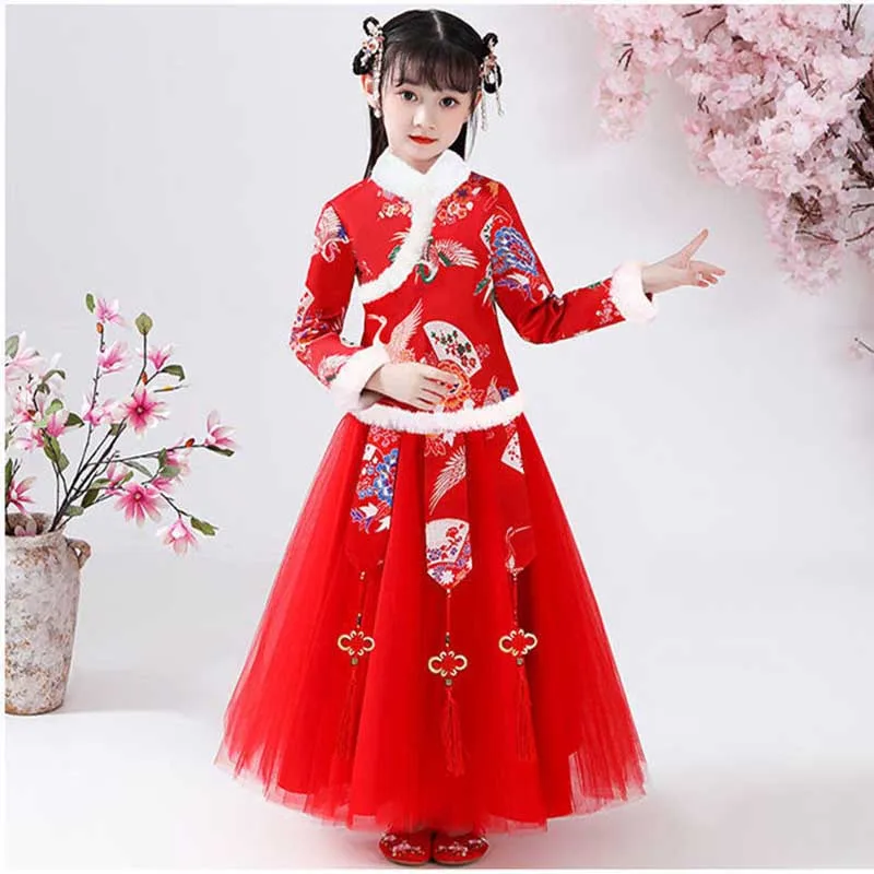 

Новогодняя одежда Hanfu для девочек, детское теплое платье-Ципао, китайский костюм Тан, детское зимнее бархатное милое праздвечерние чное пла...