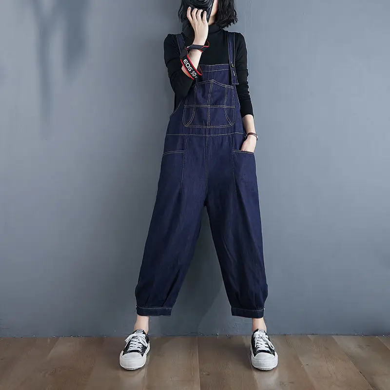 

Denim suspenders women's 2021 spring clothing large size loose age reducing high waist slim wide leg nine point Jumpsuit