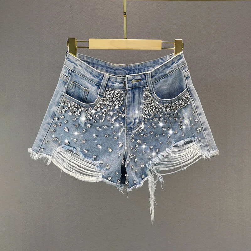 

Hole Loose Shorts For Women High Waist Females Casual Patchwork Diamonds Tassel Denim Short Summer Fashion