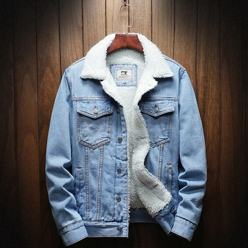 

Men Light Blue Winter Jean Jackets Outerwear Warm Denim Coats New Men Large Size Wool Liner Thicker Winter Denim Jackets Size6XL