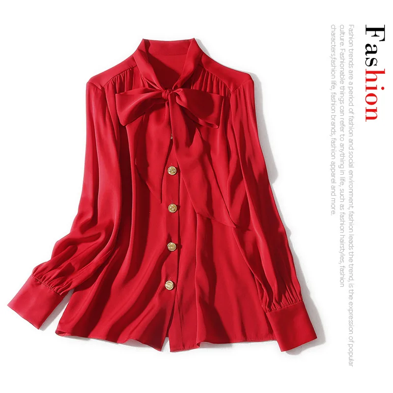 

Женская атласная рубашка с длинным рукавом, с кружевным воротником и бантом