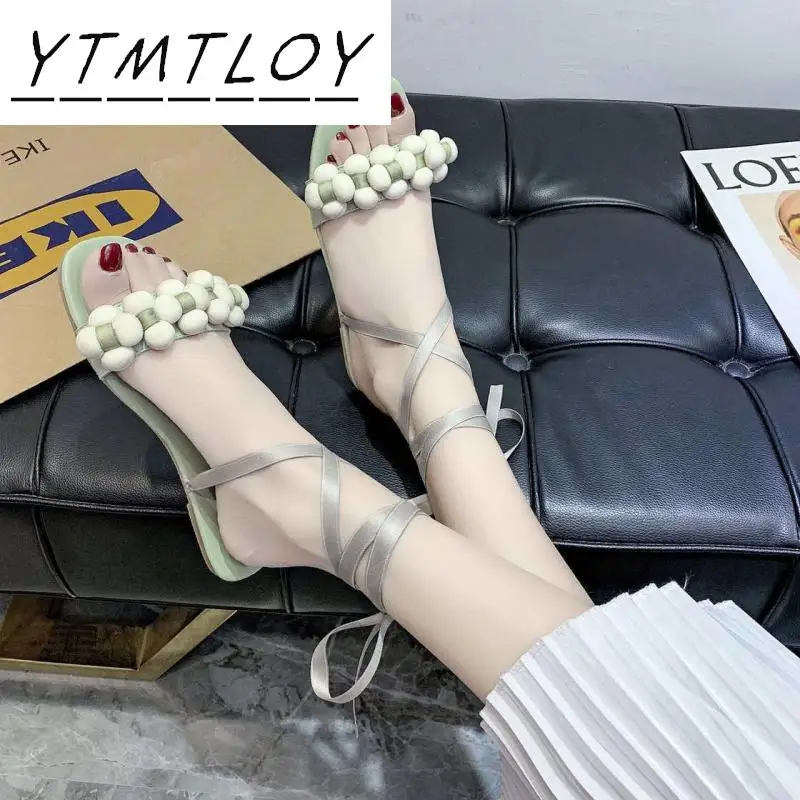 Сандалии женские на плоской подошве тонкие босоножки с ремешком щиколотке