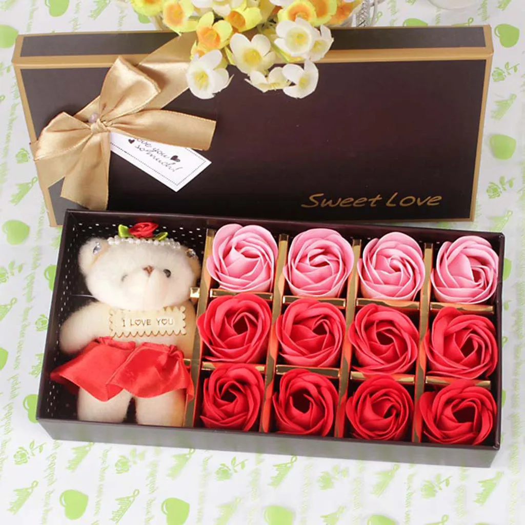 

New Valentine's Day Bear Gift Box Gift Rose Gift Small Gift 12 Soap Flower Room Decoration Accessories Flores Artificiales