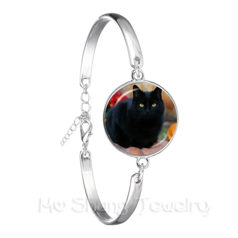 Браслет со стеклянным куполом и изображением черной кошки посеребренный браслет