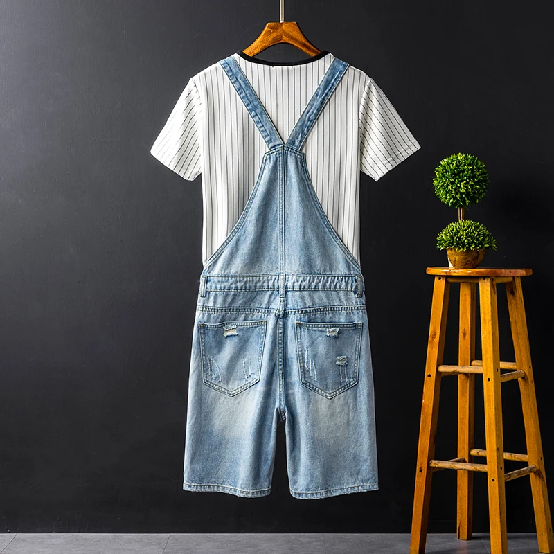 Джинсовый комбинезон мужской летний шорты на подтяжках с цветными отверстиями