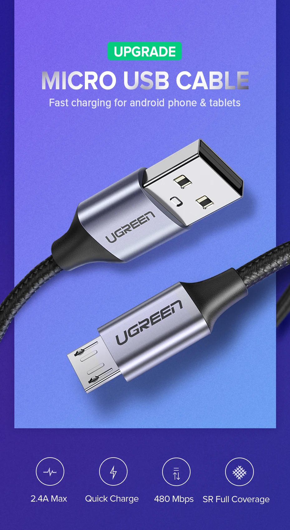 Ugreen Micro USB Кабель 2.4A Нейлоновый Шнур для Зарядки Телефона USB-кабель Провод для Быстрой Зарядки для Samsung s Huawei Xiaomi HTC LG Планшет Android зарядное устройство для телефона Кабель Micro USB