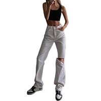 women casual vintage high waist wide leg ripped jeans adults solid white color denim trousers with pockets all match