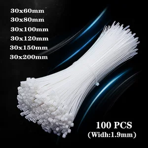 Self-locking cable plastic nylon tie white 5X200 with fixed ring 4X250 household wire tie zipper with nylon tie set 100 PCS