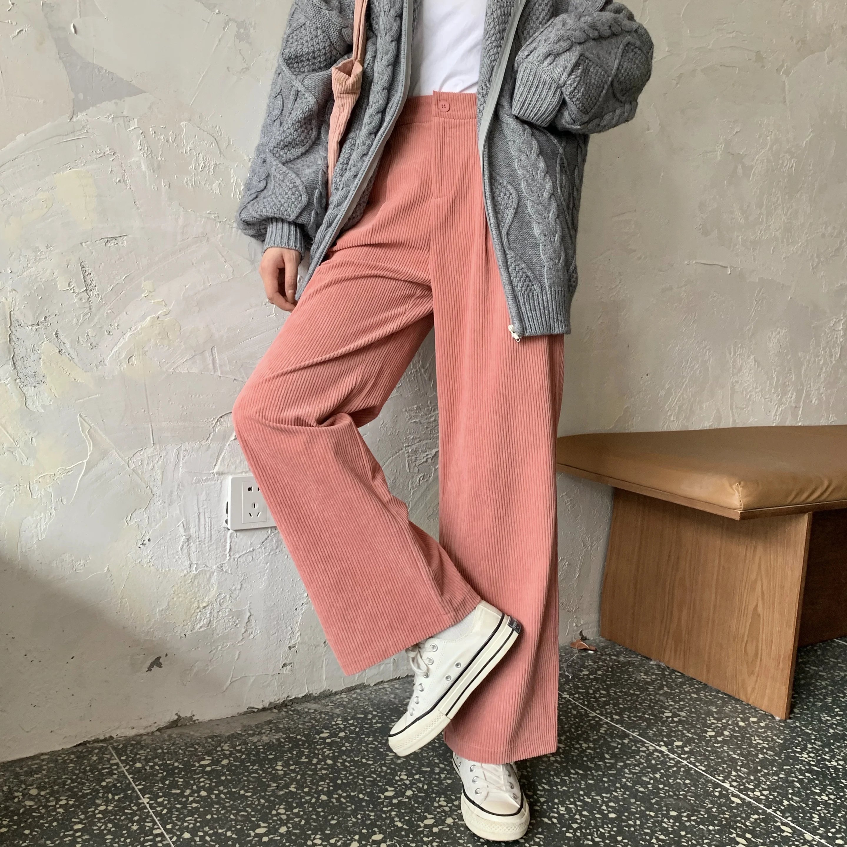 

relaxed joker will firm offers 8007 ~ # show tall waist corduroy straight wide-legged pants trousers of mop the floor