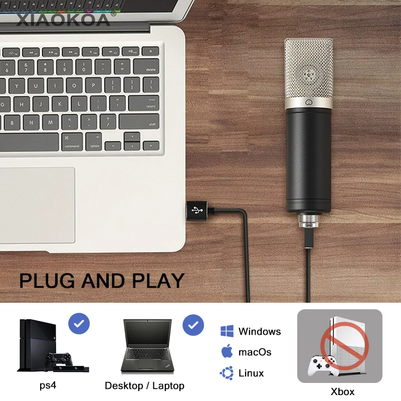 XIAOKOA конденсаторный USB Кардиоидная компьютерный микрофон 192 кГц/24Bit комплект с