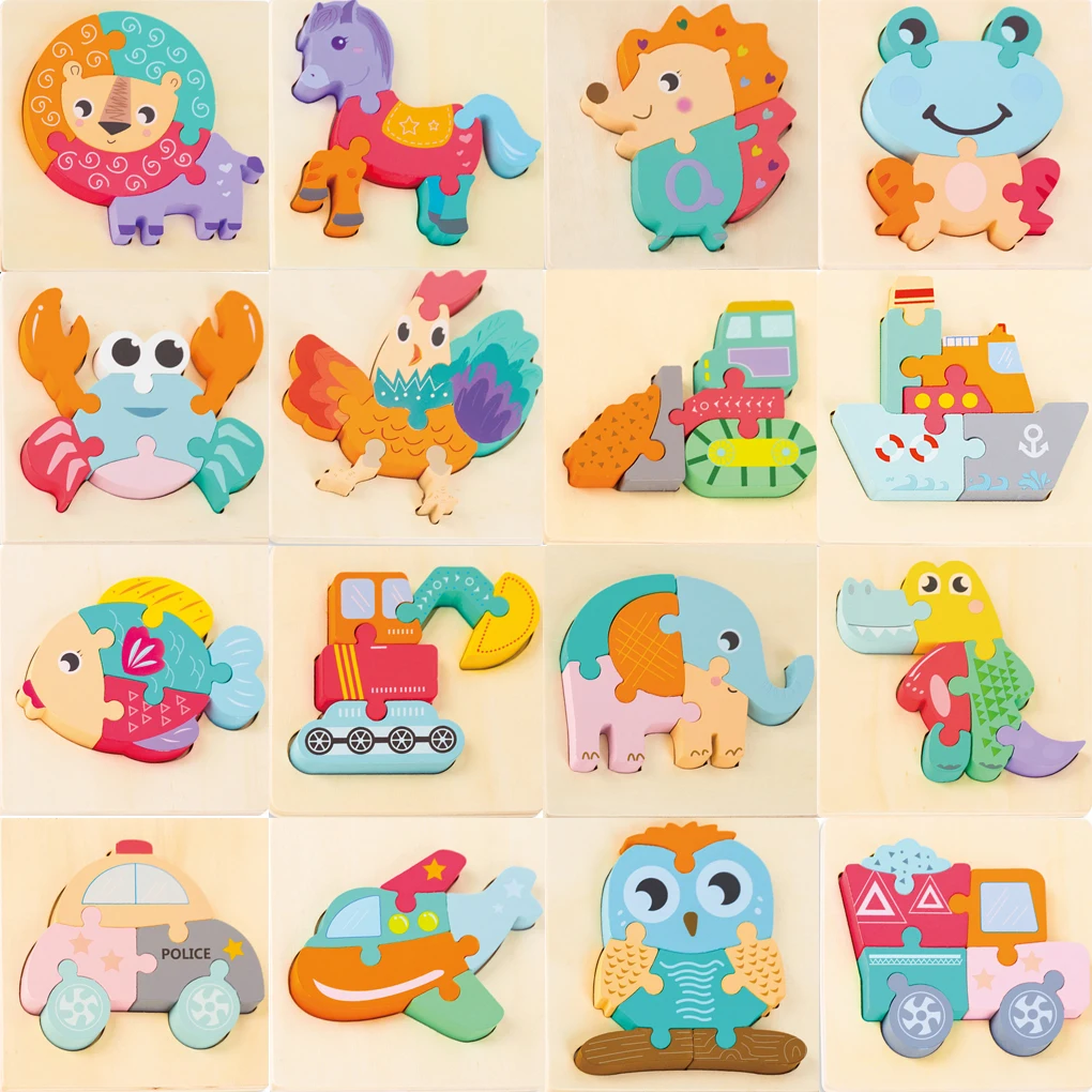 

Wooden Puzzle Toys Cartoon Animal Wood Puzzles Cognition Educational Toy Baby Busyboard Smooth No Smell Thicken 3D Jigsaw toy