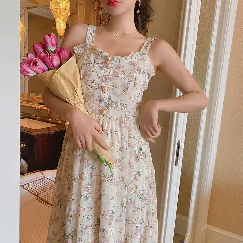 

Fairy Floral Midi Dresses Women Summer Print Vintage French Style Female Strapless Party Dress Holiday Lady Boho Vestido 2021