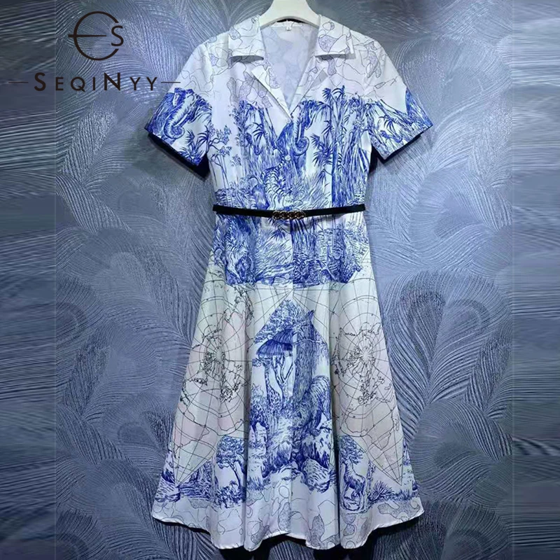 

SEQINYY Vintage Shirt Dress Summer Spring New Fashion Design Women Runway Blue Animals Flowers Print A-Line Casual Belt Knee