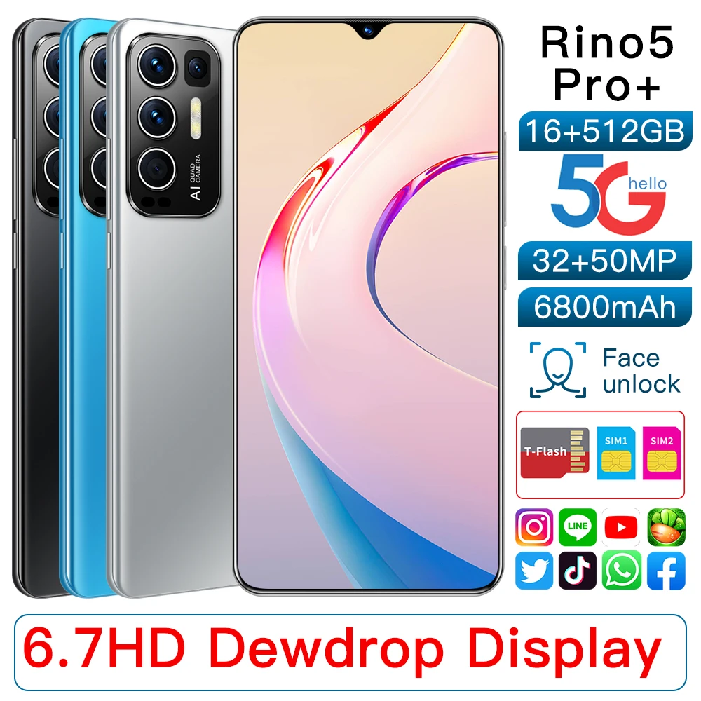 Новые смартфоны Rino5 Pro + 6800 мАч 16 512 ГБ 6 7 дюйма мобильные телефоны 32 Мп 50 МП HD камера