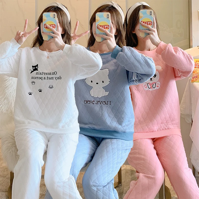 

Новинка 2021, зимние толстые теплые фланелевые пижамные комплекты с длинным рукавом для женщин, милые Мультяшные бархатные пижамы коралловог...