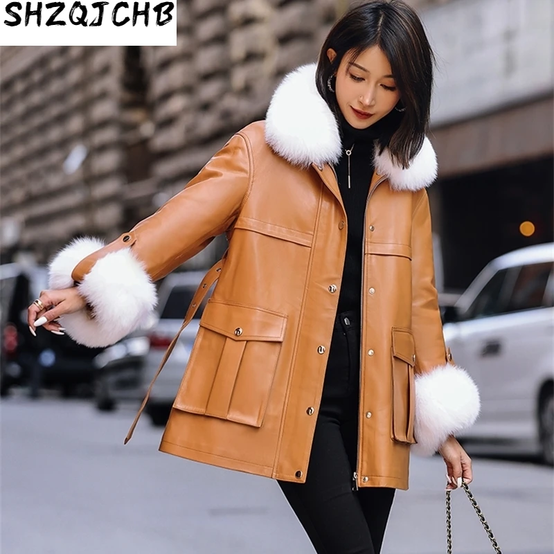 

JCHB 2021 Real Leather Jacket Women Fox Fur Collar Autumn Winter Jacket Women Natural Sheepskin Coat Duck Down Jackets KJ6453