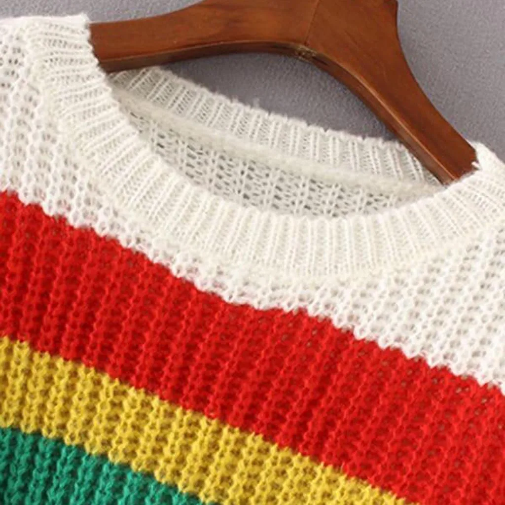 Пуловер женский зимний в радужную полоску с круглым вырезом и длинным рукавом |