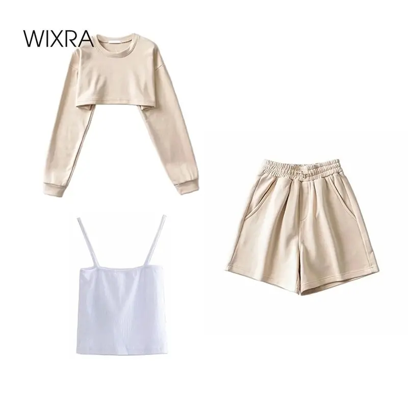 

Wixra Womens Basic Short Sweatshirts Sets Cotton Street Style O Neck 2021 Spring Summer Hot Casual Pullovers Tops