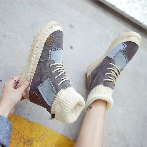 

Ankle Boots For Women Sock Boots 2020 Fashion Patchwork Ladies Casual Platform Flat Woman Warm Plush Female Sewing Shoes