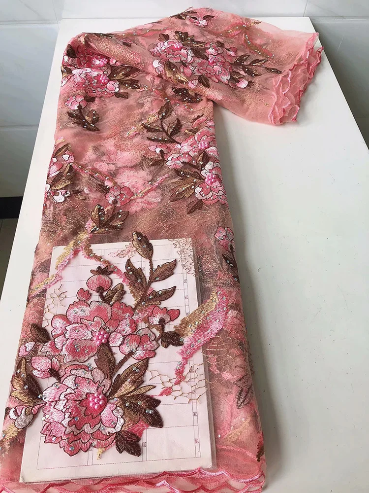 

Embroidered most wonderful flowers design wedding dress Fabric with beads and stones ZF11 New arrival African Tulle Lace Fabric