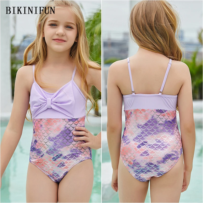 

Новые милые купальники в стиле русалки, женский купальник с бантом, монокини для подростков, детская пляжная одежда с рыбной чешуей, цельный...