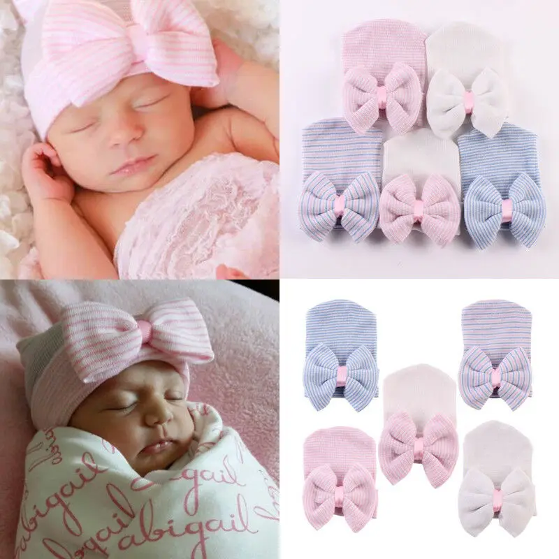 Шапка для девочек 0-24 м на осень/зиму вязаная из хлопка с большим бантом теплая