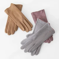 winter suede leather inside plush thicken driving glove women outdoor riding flip finger embroidery touch screen warm mitten s48
