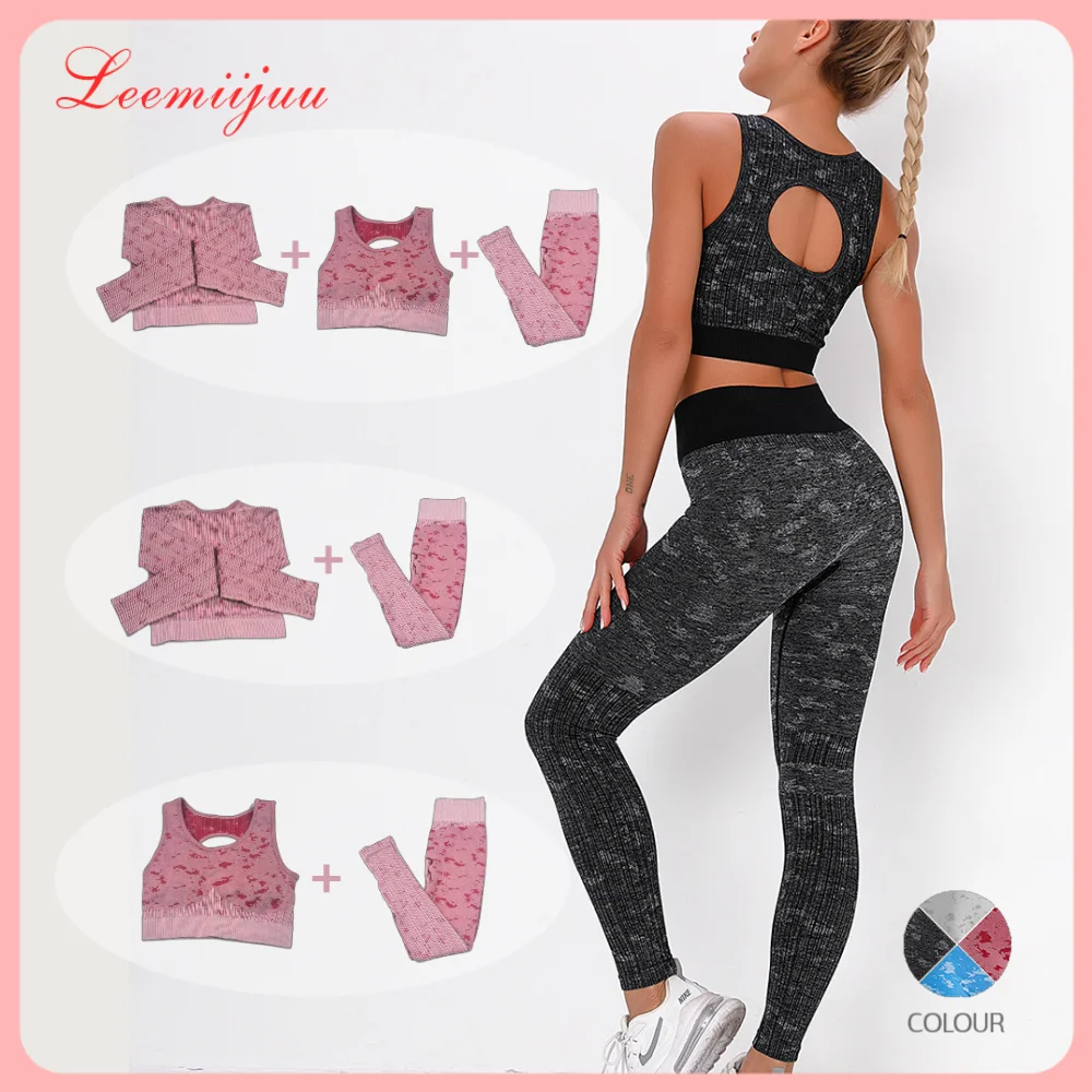 

LEEMIIJU Yoga Suit Sports Set Gym Clothes Fitness Women Long Sleeve Crop Top High Waist Leggings Ribbed Workout Set Tracksuits