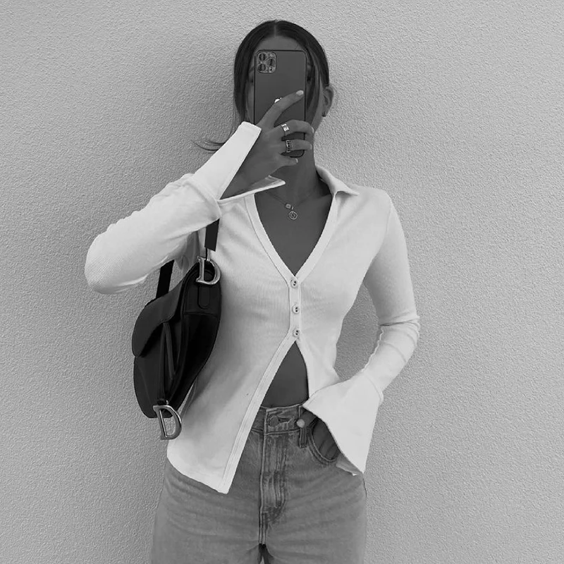 

Button Up Harajuku Korean Skinny Flare Long Sleeve Tee Vintage Solid White Women Cotton Autumn Casual Tshirt