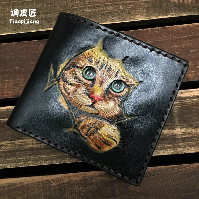 ★genuine leather Japanese and Korean version 20% off lovely small change purse clip male leather carving bag manual