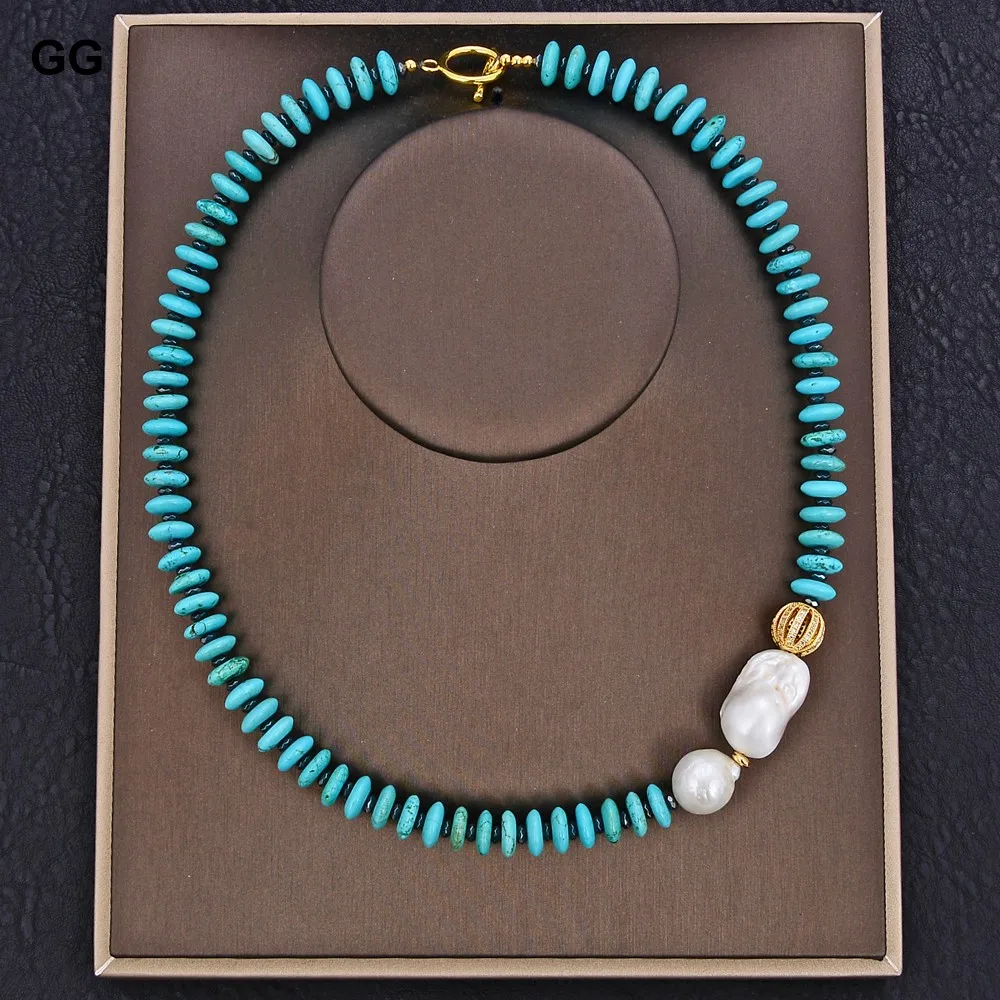 

GG Jewelry Freshwater Cultured White Keshi Pearl Blue Disc Turquoise Necklace 20"