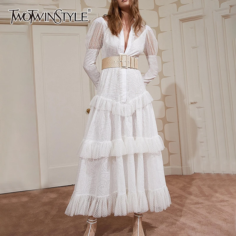 Женское платье TWOTWINSTYLE Осеннее белое лоскутное с отложным воротником длинными