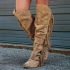 Классические ковбойские сапоги с кисточками в западном стиле для женщин, кожаная обувь на низком каблуке, зимние сапоги до колена, женские сапоги