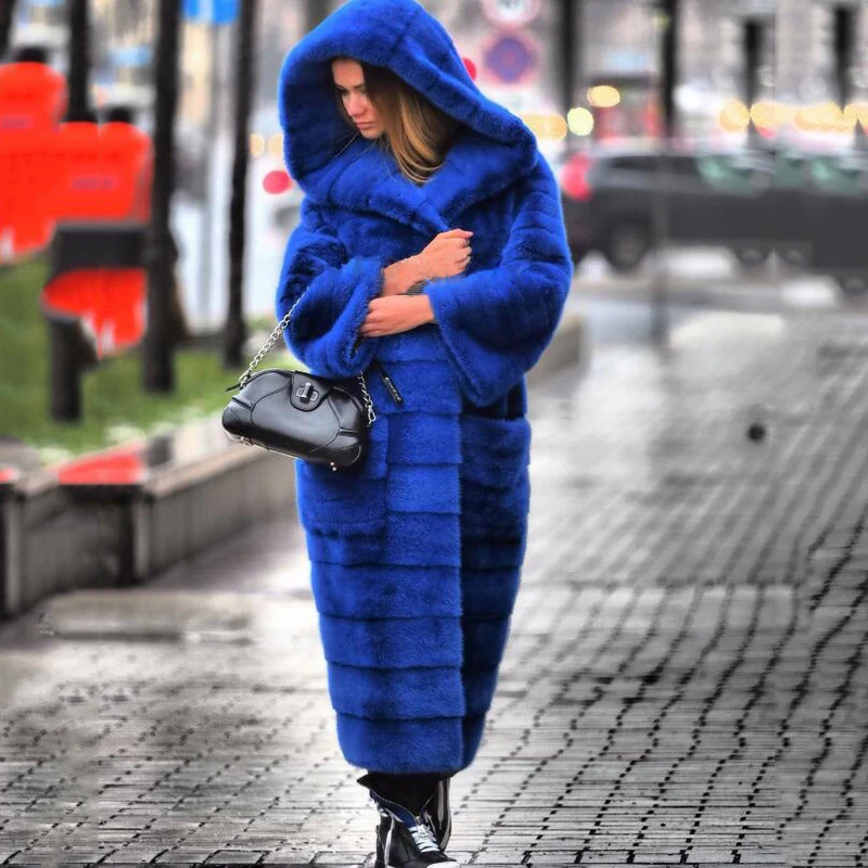 

2021 New Royal Blue Long Sleeve Genuine Mink Fur Coat Woman Outwear 120cm Long Real Mink Fur Coats With Big Hood Fashion Luxury