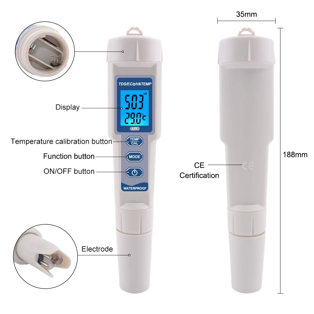 Цифровой тестер качества воды PH-3508 4 в 1 измеритель температуры PH EC TDS | Дом и сад
