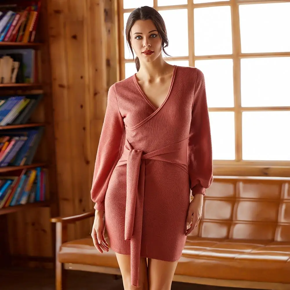 Женское трикотажное платье сексуальное v образный вырез длинный рукав свитер