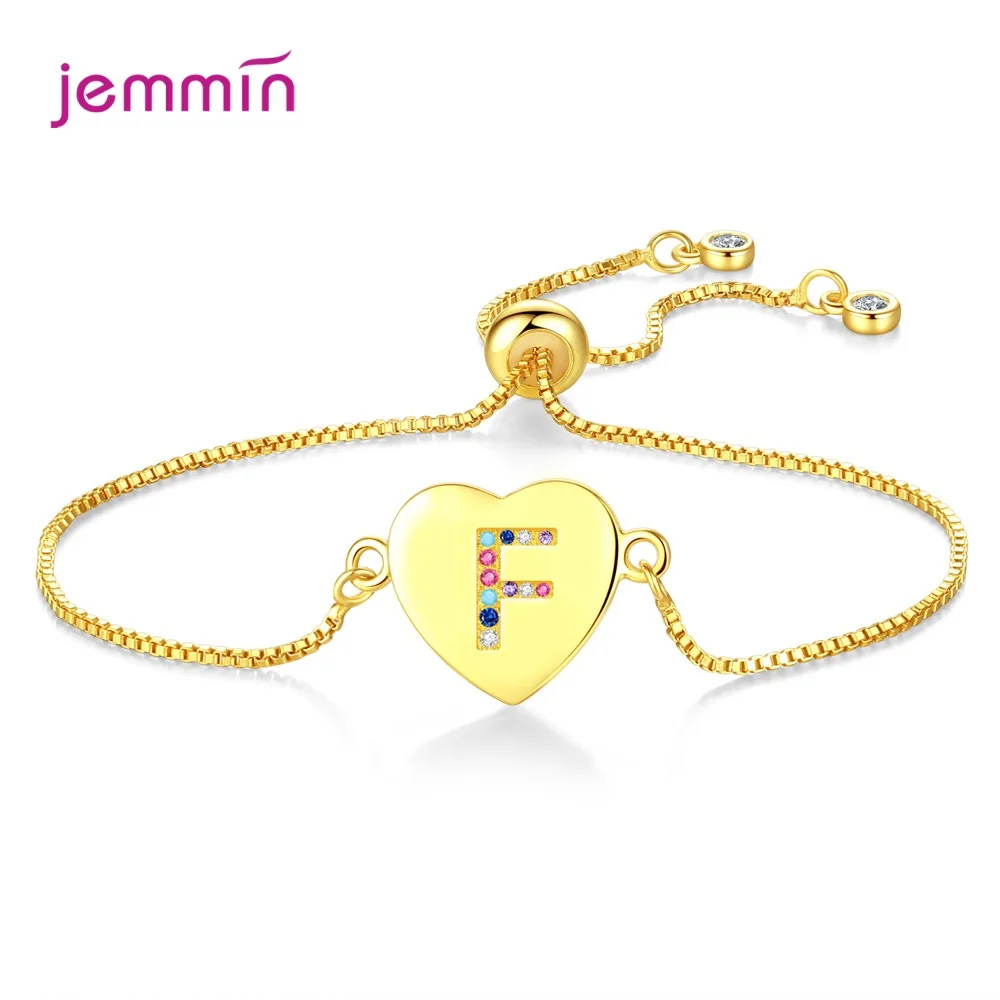 

Женский браслет с подвеской в форме сердца, регулируемый браслет из серебра 925 пробы с 26 буквами и цветным цирконием