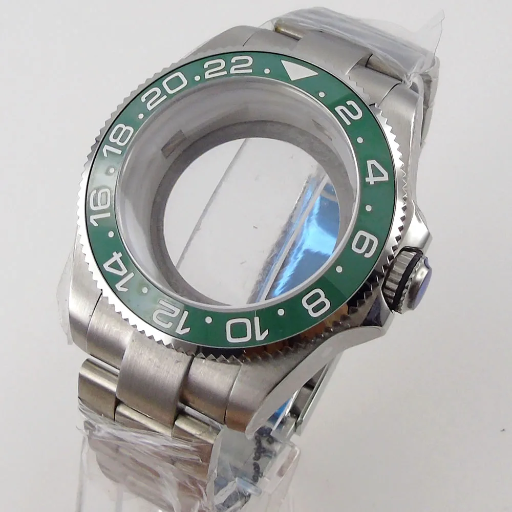 Metal 43mm Watch Case fit NH35A NH36A MIYOTA 8215 ETA 2836 MINGZHU 2813 3804 Seeing Back Green Insert  Strap