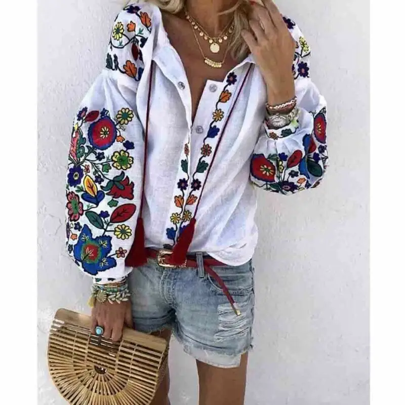 Womens Shirts Tops Long Sleeve Flower Print Casual Loose Top Fashion V-Neck Dark Buckle Lantern 2019 Early Autumn | Женская одежда