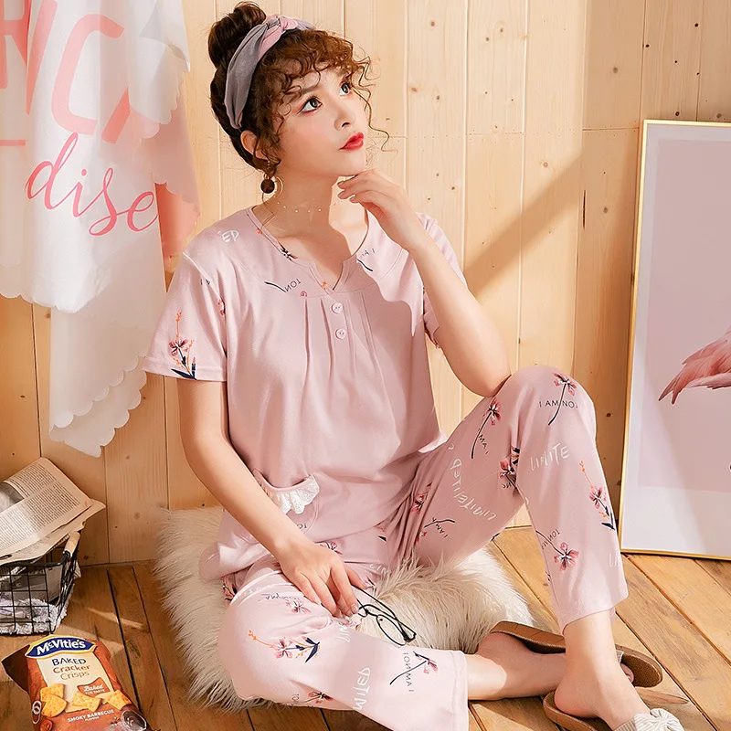 

Pajamas Women's Summer Pure Cotton Short Sleeve Pants Large Size Thin Home Clothes Middle Aged And Old Mother Suit pajama sets
