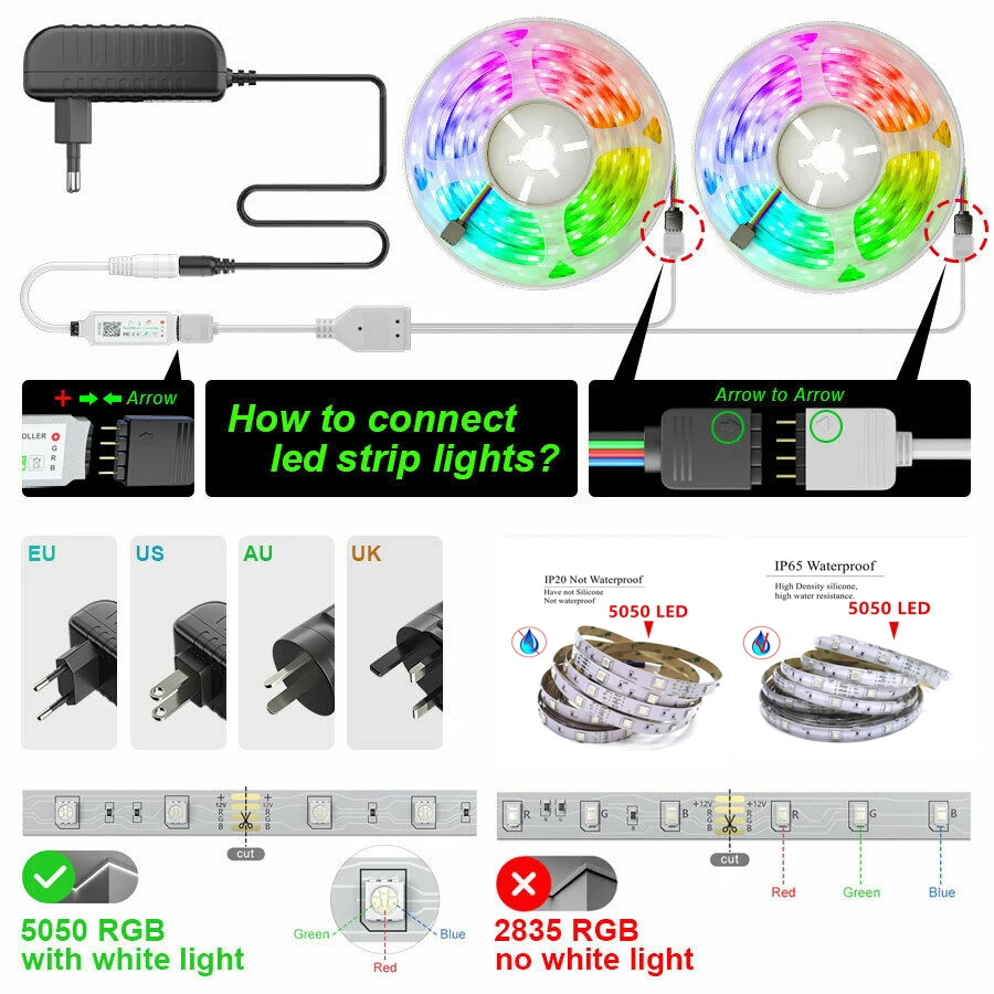 

Led Strip Lights 5050 RGB DC12V Flexible Tape Led Ribbon Led Strip 5M 10M 15M 20M With Phone Bluetooth APP controller set