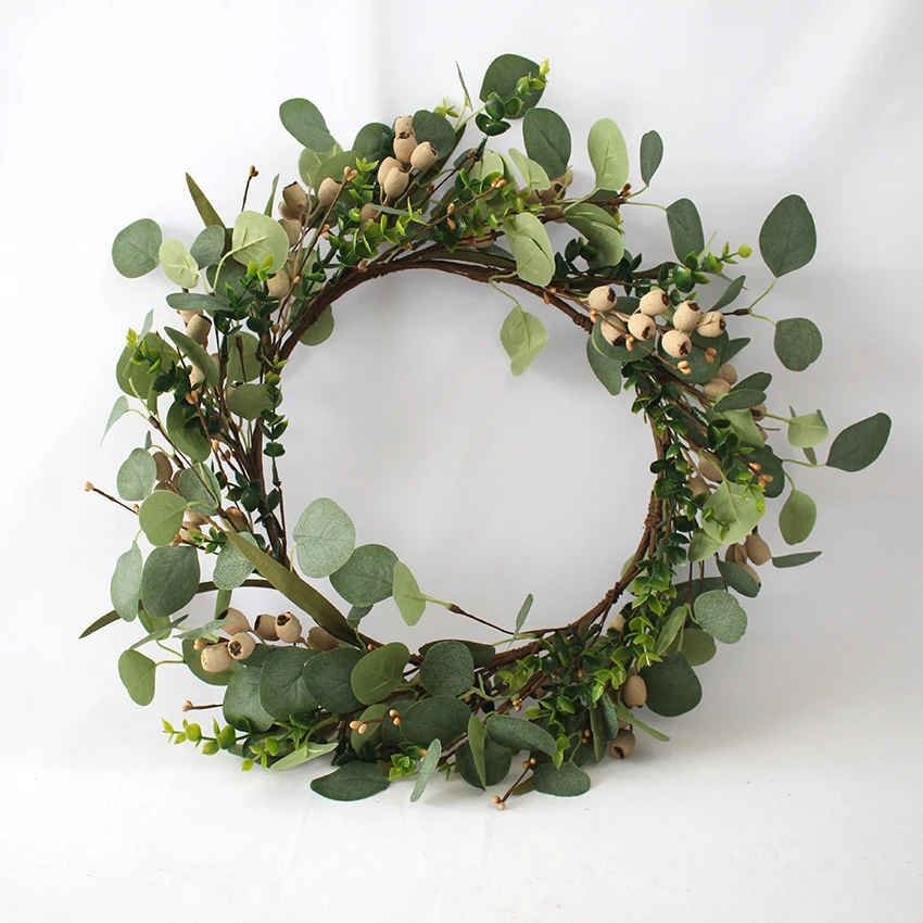 

Artificial Green Eucalyptus Leaves Wreath with Big Berries and Clusters of FlowersGreenery Wreath for Front Door Wall Window Dec