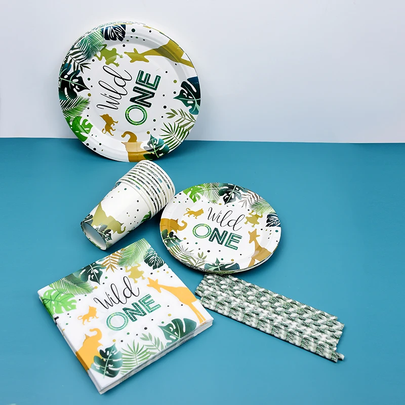

50Pcs Jungle Safari Wild One 1st Birthday Decor Disposable Tableware Sets Napkins Paper Plates Straws Cups Theme Party Supplies