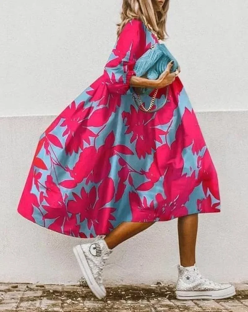 

Women's Stylish Dress Fashion Casual All-match Outside Heart Printed Summer O Neck Sundress Women Puff Sleeve Dresses FZ161