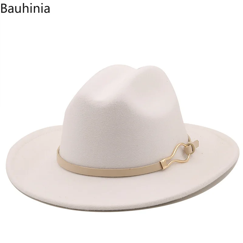 

Bauhinia British Style Women's Hats Winter Wool Felt Fedoras Hats With Belt Buckle Decorated Elegant Men Trilby Jazz Caps